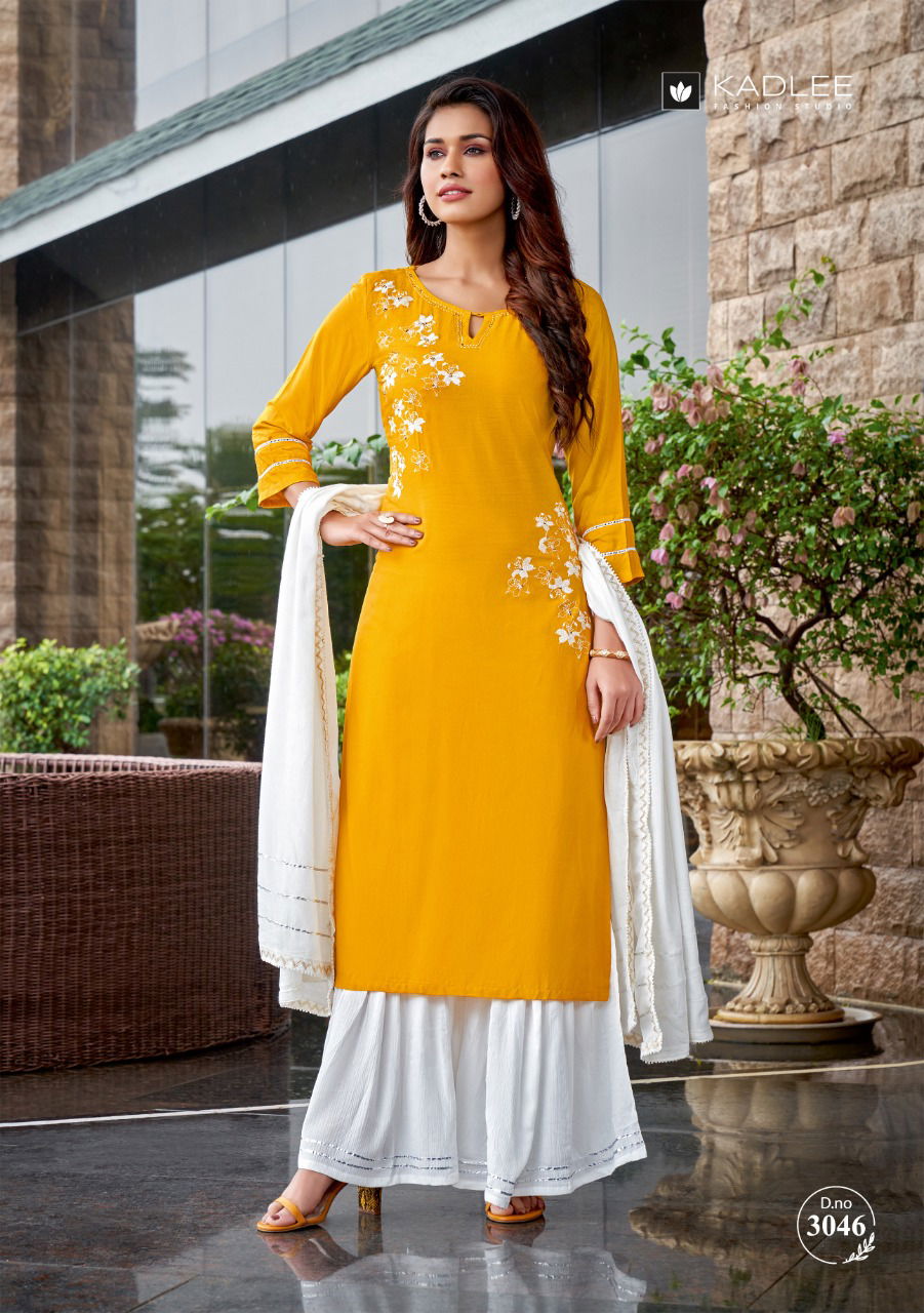 Kadlee Belliza Fancy Festive Wear Rayon Kurti With Sharara And Dupatta Collection